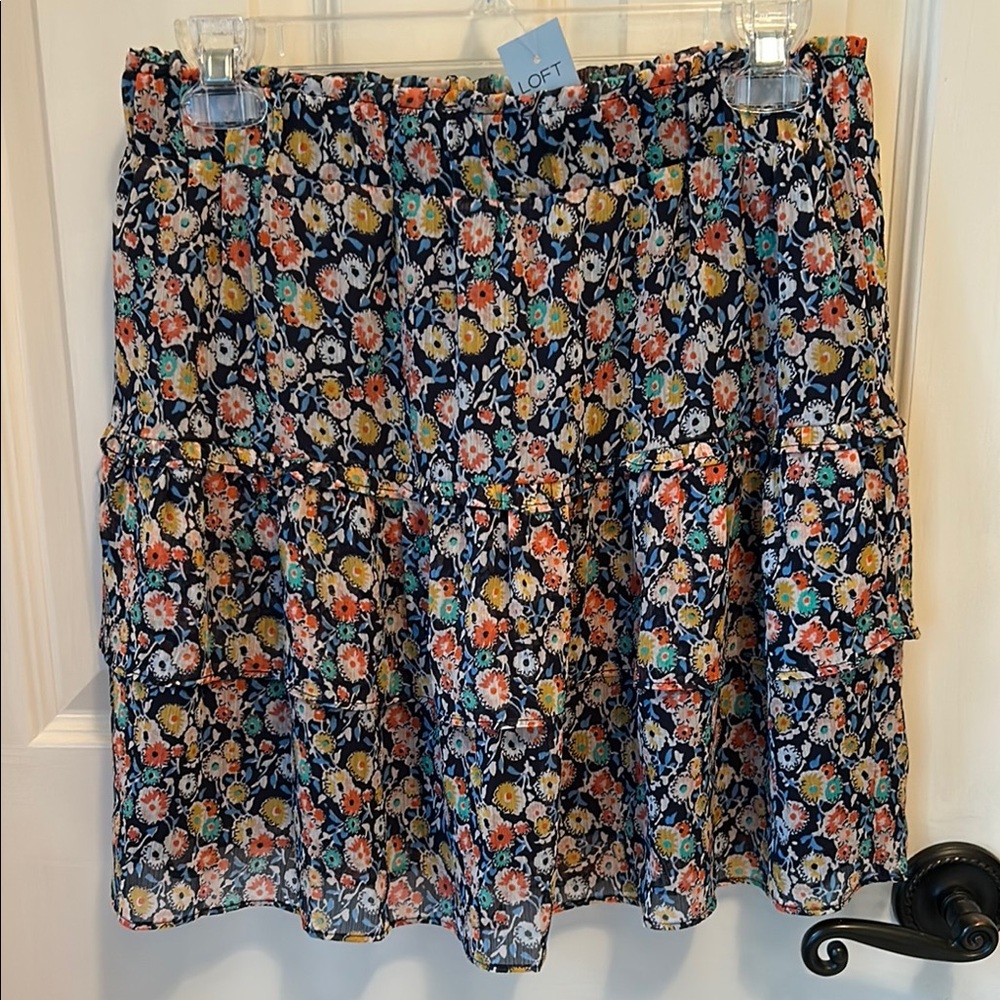 LOFT Pink and Blue Floral Ruffled Tiered and Lined Mini Skirt Size MP